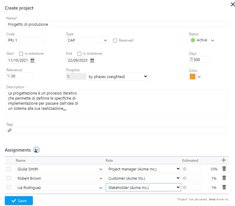 Creazione nuovo progetto con il software project management Twproject