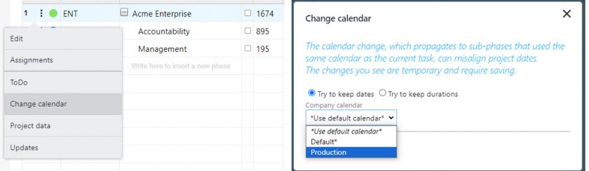 how to change the calendar on projects