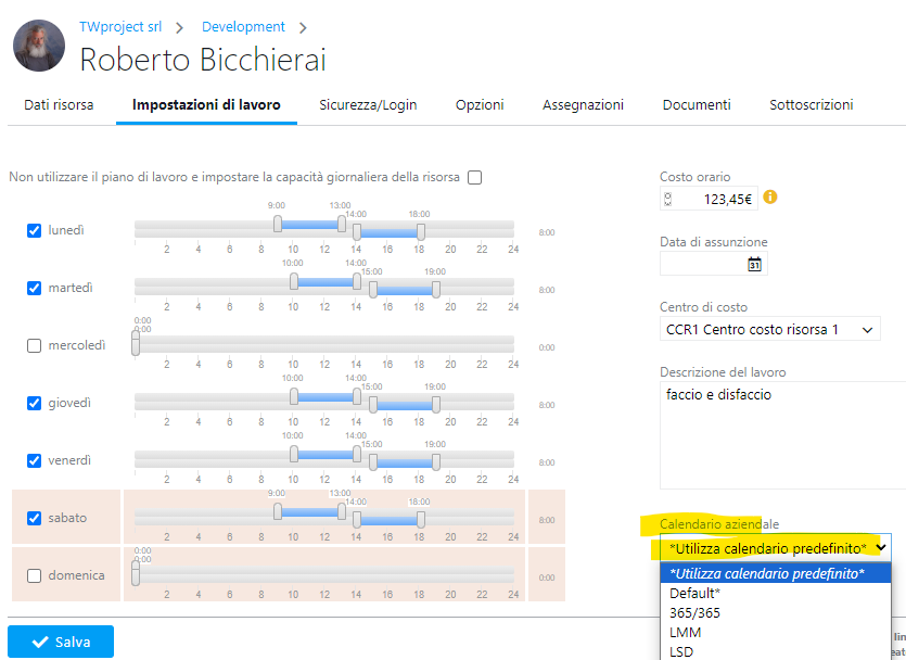 Calendario predefinito per la risorsa