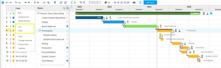 Twproject's Gantt with copy and paste functions