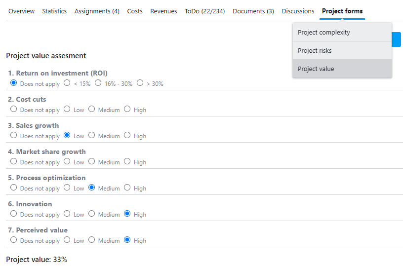 form for assigning a project value that takes into account tangible and intangible benefits