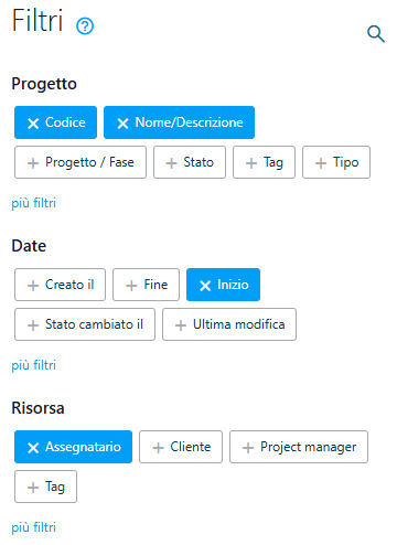 filtri avanzati divisi per progetti, date e risorse