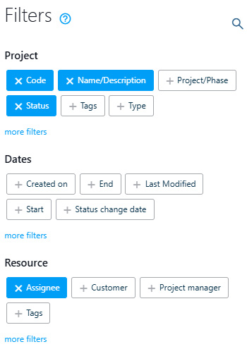 advanced filters divided by project, dates, resources